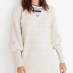 Madewell Sweater Dress Women Medium Tan Merino Wool Blend Bubble Sleeve V-neck